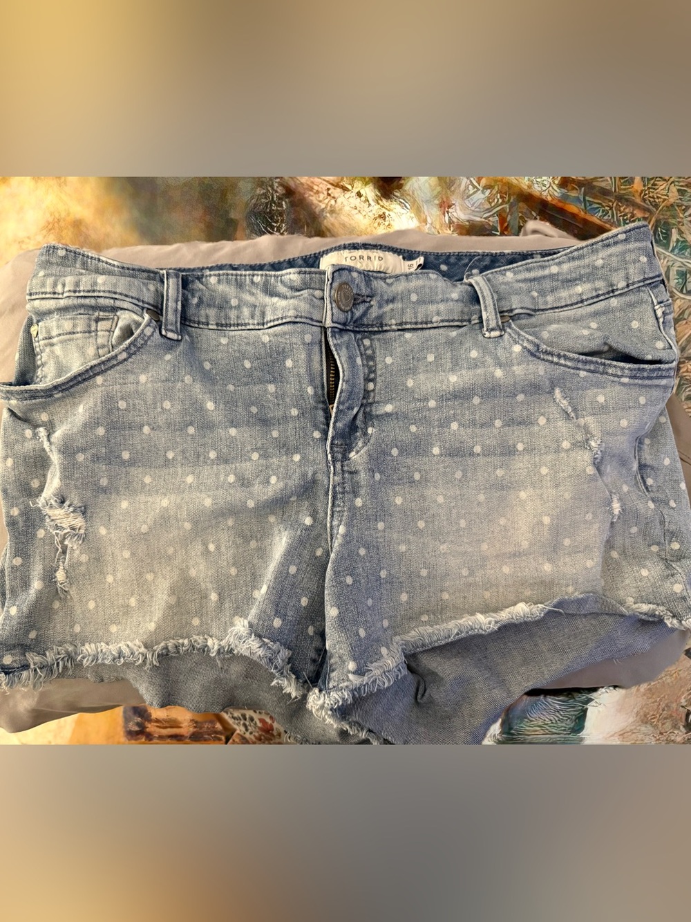 Torrid Distressed Polka Dot Denim Cutoff Shorts